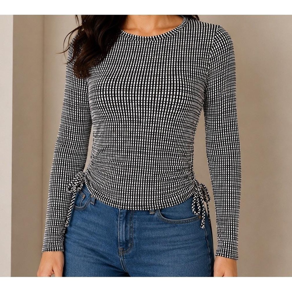 Caution to the Wind Y2K Ruched Side Tie Black White Crop Top Long Sleeve Size S